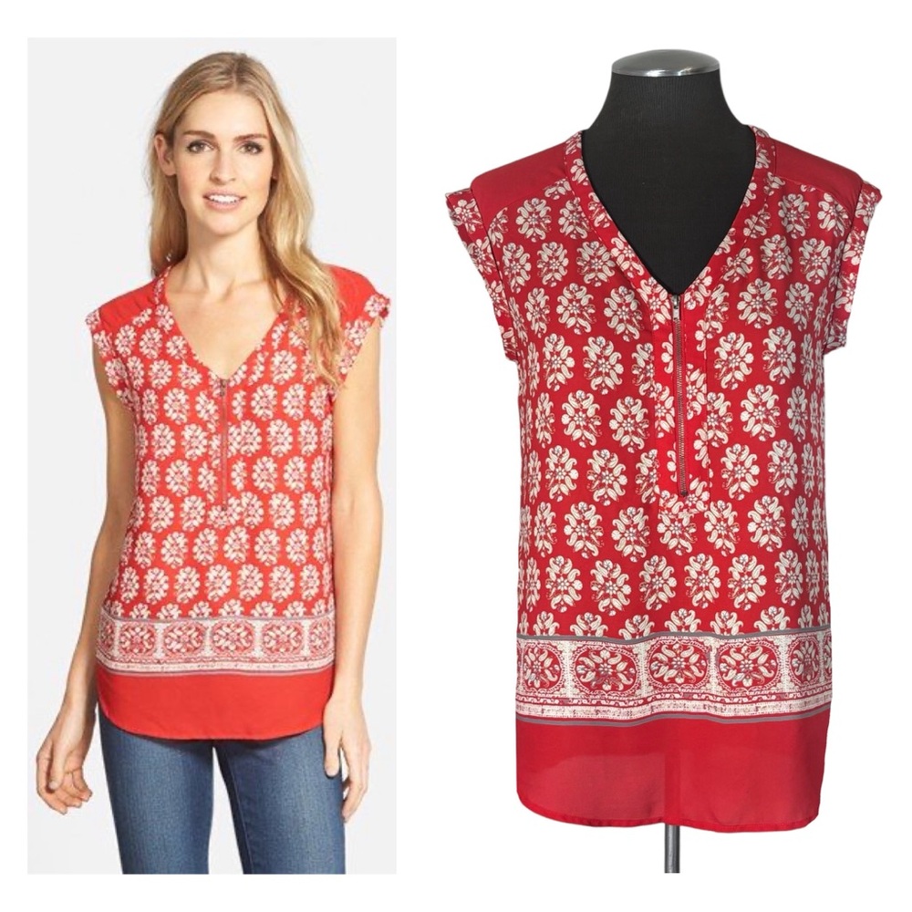 Pleione – Zip Front Sleeveless Print Top – Small